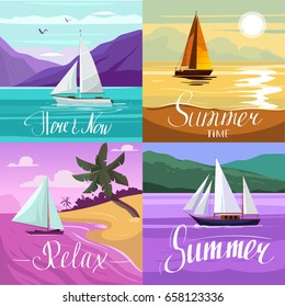 Yachts in the sea. Vector illustration with yachts, sea, palm trees, summer.