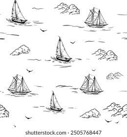 Yachts, seamless, pattern, realistic sketch, hand drawn vector