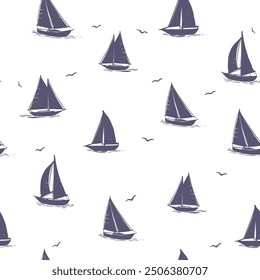 Yachts, seamless, pattern, realistic sketch, hand drawn vector