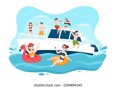 Yachts Template Hand Drawn Cartoon Flat Illustration with People Dancing, Sunbathing, Drinking Cocktails and Relaxing on Cruise Yacht at Ocean