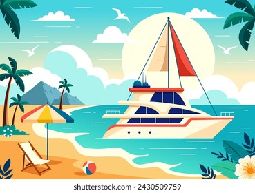 Yachten Vektor-Illustration mit Fähren Fracht Boote und Schiff Segelboot des Wassertransports am Strand in Sonnenuntergang flache Cartoon Hintergrund