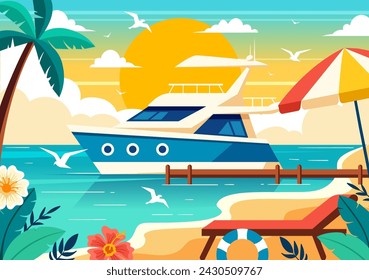 Yachts Vector Illustration with Ferries Cargo Boats and Ship Sailboat of Water Transport at the Beach in Sunset Flat Cartoon Background