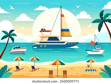 Yachts Vector Illustration with Ferries Cargo Boats and Ship Sailboat of Water Transport at the Beach in Sunset Flat Cartoon Background