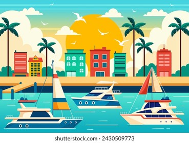 Yachten Vektor-Illustration mit Fähren Fracht Boote und Schiff Segelboot des Wassertransports am Strand in Sonnenuntergang flache Cartoon Hintergrund