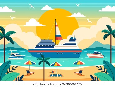 Yachts Vector Illustration with Ferries Cargo Boats and Ship Sailboat of Water Transport at the Beach in Sunset Flat Cartoon Background