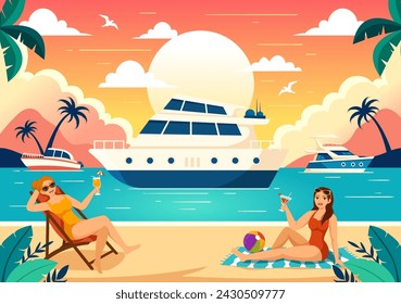 Yachts Vector Illustration with Ferries Cargo Boats and Ship Sailboat of Water Transport at the Beach in Sunset Flat Cartoon Background