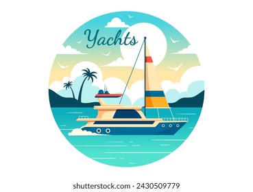 Yachts Vector Illustration with Ferries Cargo Boats and Ship Sailboat of Water Transport at the Beach in Sunset Flat Cartoon Background