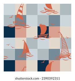 Yachts with waves and seagulls on a background of colored squares. Seamless pattern. Vector illustration. Illustration for print, packaging, fabric.