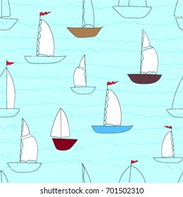 Yachts with white sails, boats with red flags, sea transport, regatta. Sketch in a naive manner.  Freehand drawing vector  with doodles. modern seamless pattern.
