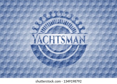 Yachtsman blue badge with geometric pattern background.