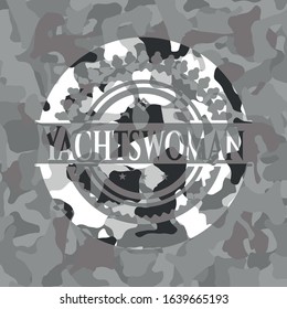 Yachtswoman grey camouflaged emblem. Vector Illustration.
