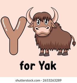 Yak Alphabet Illustration: A cheerful cartoon yak stands proudly beside the letter Y, perfect for children's alphabet books and educational resources.