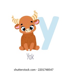 Yak. Animal ABC. Alphabet. Cute vector alphabet with little animal. Print for kids room decoration, fabric, paper, card, t shirt, poster, textile.