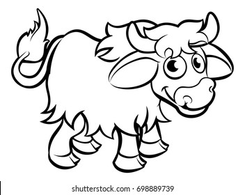 A yak animal cartoon character outline coloring illustration