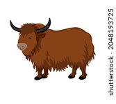Yak. Big brown bull, side view. Icon for website, animal app. Clipart for an educational game for children. Vector flat illustration, cartoon style.