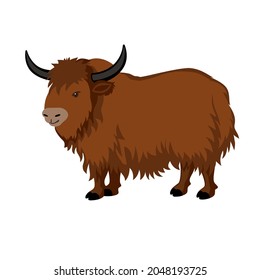 Yak. Big brown bull, side view. Icon for website, animal app. Clipart for an educational game for children. Vector flat illustration, cartoon style.