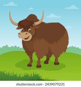 Yak. Big brown bull, side view. Icon for website, animal app. Clipart for an educational game for children. Vector flat illustration, cartoon style.