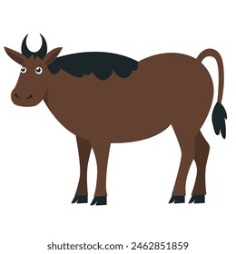 Yak. Big brown bull, side view. Icon for website, animal app. Clipart for an educational game for children. Vector flat illustration, cartoon style
