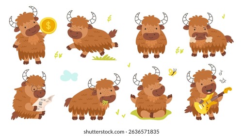 Yak characters. Isolated cartoon yaks play music, reading newspaper, run. Animal hold gold coin, business bull. Funny animals, nowaday vector set