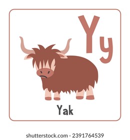 Yak clipart. Yak vector illustration cartoon flat style. Animals start with letter Y. Animal alphabet card. Learning letter Y card. Kids education. Cute brown hairy yak vector design