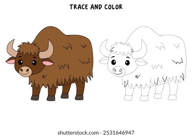 Yak coloring pages for kids. Trace and color Yak. Yak animal flashcard for kids vector illustration. Letters Y is for Yak. Kindergarten and preschool worksheets printable for kids.