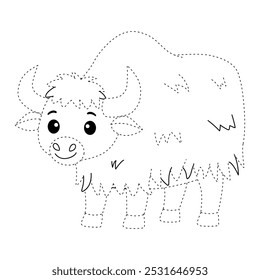 Páginas de colorir iaque para crianças. Traço e cor Yak. Iaque de animal flashcard para crianças ilustração vetorial. Letras Y é para Yak. Planilhas de jardim de infância e pré-escola imprimíveis para crianças.