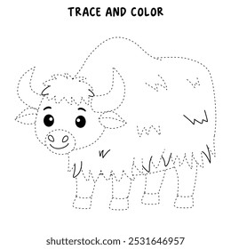 Yak coloring pages for kids. Trace and color Yak. Yak animal flashcard for kids vector illustration. Letters Y is for Yak. Kindergarten and preschool worksheets printable for kids.