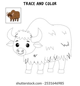 Páginas de colorir iaque para crianças. Traço e cor Yak. Iaque de animal flashcard para crianças ilustração vetorial. Letras Y é para Yak. Planilhas de jardim de infância e pré-escola imprimíveis para crianças.