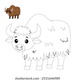 Páginas de colorir iaque para crianças. Traço e cor Yak. Iaque de animal flashcard para crianças ilustração vetorial. Letras Y é para Yak. Planilhas de jardim de infância e pré-escola imprimíveis para crianças.