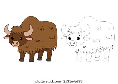 Yak coloring pages for kids. Trace and color Yak. Yak animal flashcard for kids vector illustration. Letters Y is for Yak. Kindergarten and preschool worksheets printable for kids.