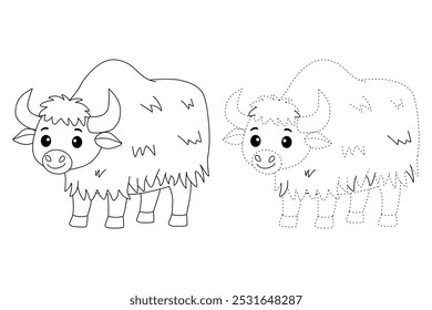 Yak coloring pages for kids. Trace and color Yak. Yak animal flashcard for kids vector illustration. Letters Y is for Yak. Kindergarten and preschool worksheets printable for kids.