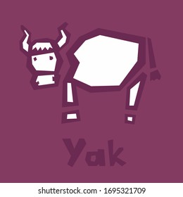 Yak Cow Abstract Flat Illustration. Clip Art Lovely Yak. Abstract Cute Bull. Burgundy Background. Thick Outline, Text. Interactive Card For Learning The English Alphabet