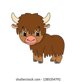 Yak. Cute flat vector illustration in childish cartoon style. Funny character. Isolated on white background.