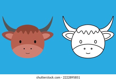 Yak face cartoon character. Cute outline yak animal face coloring book for kids. Vector illustration. Outline icon yak head. Cartoon face logo.