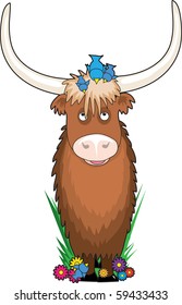 A yak with a few bluebirds on his head - he is shaped like the letter Y
