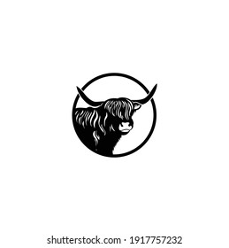 Yak Head Silhouette Scottish Highland Cattle on White Background Logo Design Inspiration