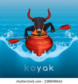 YAK kaYAKing - Water Sport - Hybrid Concept - Mnemonic Educational Learning English Idea - Children Vector Illustration
