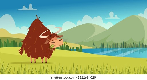 Yak outdoor. Cartoon background with wild yak bull walking exact vector template