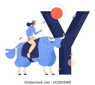 Yak polo woman and capital letter Y on background. Vector concept illustration for healthy lifestyle and active leisure