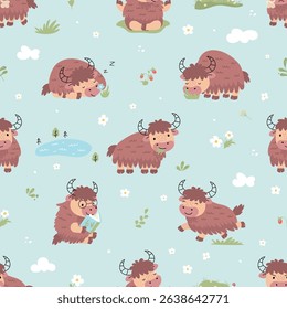 Yak seamless pattern. Funny cartoon yaks in different activities. Cute animal characters print for fabric, web app design. Nowaday vector background