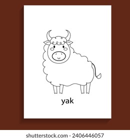 yak, ungulate herbivores animals cartoon flat line for coloring page