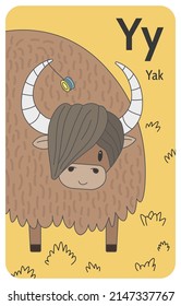 Yak Y letter. A-Z Alphabet collection with cute cartoon animals in 2D. Smiling yak standing on yellow grass and spinning the yo-yo toy on the horn. Hand-drawn funny simple style.