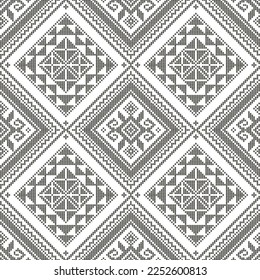 Yakan cloth inspired vector seamless pattern, traditional folk art textile or fabric print design from Philippines, geometric shapes in black and white.  Retro Filipino folk art, monochrome emboidery 