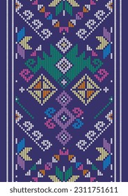 Yakan cloth inspired vector seamless pattern, long vertical folk art textile or fabric print design from Philippines with geometric shapes on purple background. Retro Filipino folk art, vibrant 