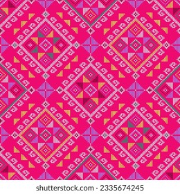 Yakan folk art weaving inspired vector seamless geometric pattern - Filipino inspired textile or fabric on pink background. Traditional abstract pattern from Philippines, vibrant old ornament 