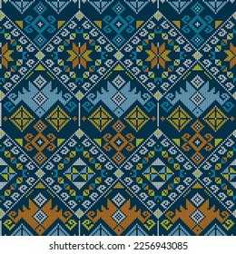 Yakan weaving inspired vector seamless geometric pattern - Filipino traditonal wallpaper, textile or fabric print design in navy blue, orange and yellow. Retro folk art pattern from Philippines