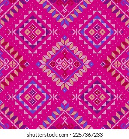 Yakan weaving inspired vector seamless pattern - Filipino folk art background perfect for textile or fabric print design on pink background. Traditional abstract folk art ornament from Philippines,