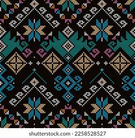 Yakan weaving inspired vector seamless pattern - Filipino traditonal geometric textile or fabric print design on black background. Retro abstract folk art pattern from Philippines, vibrant unique art