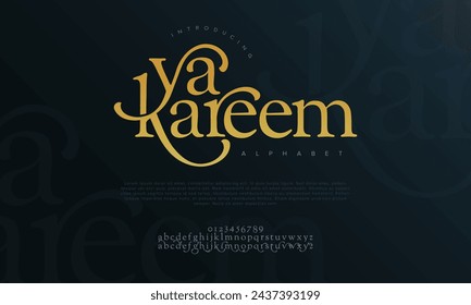 Yakareem premium luxury romadhon alphabet letters and numbers. Elegant wedding typography islamic ramadan serif font decorative vintage retro. Creative vector illustration