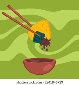 Yaki onigiri a la parrilla bola de arroz con salsa de soja y palillos. Perfecto para tee, stickers, menú y papelería. Ilustración vectorial para la decoración y el diseño.




